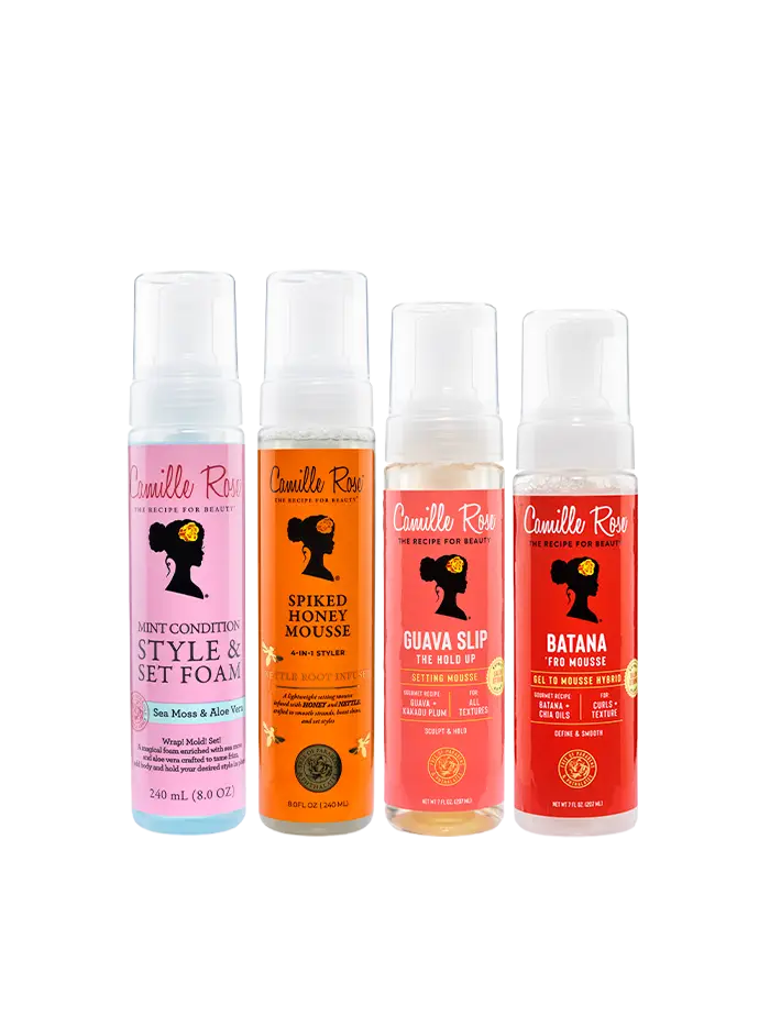 Camille Rose Foam Party bundle with four styling foams and mousses for curly natural hair