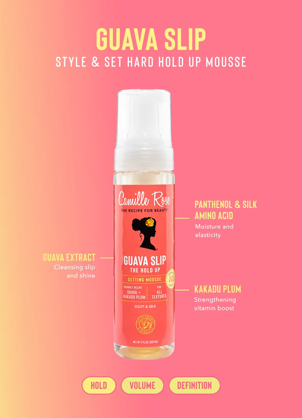 Guava Slip Hard Hold Up Setting Mousse with guava extract and kakadu plum for humidity-resistant hold