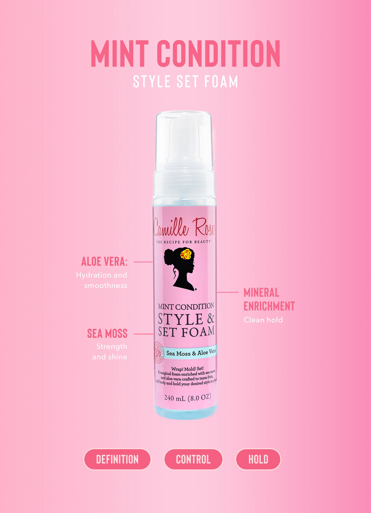 Mint Condition Style and Set Foam with sea moss and aloe vera for smooth, flake-free hold