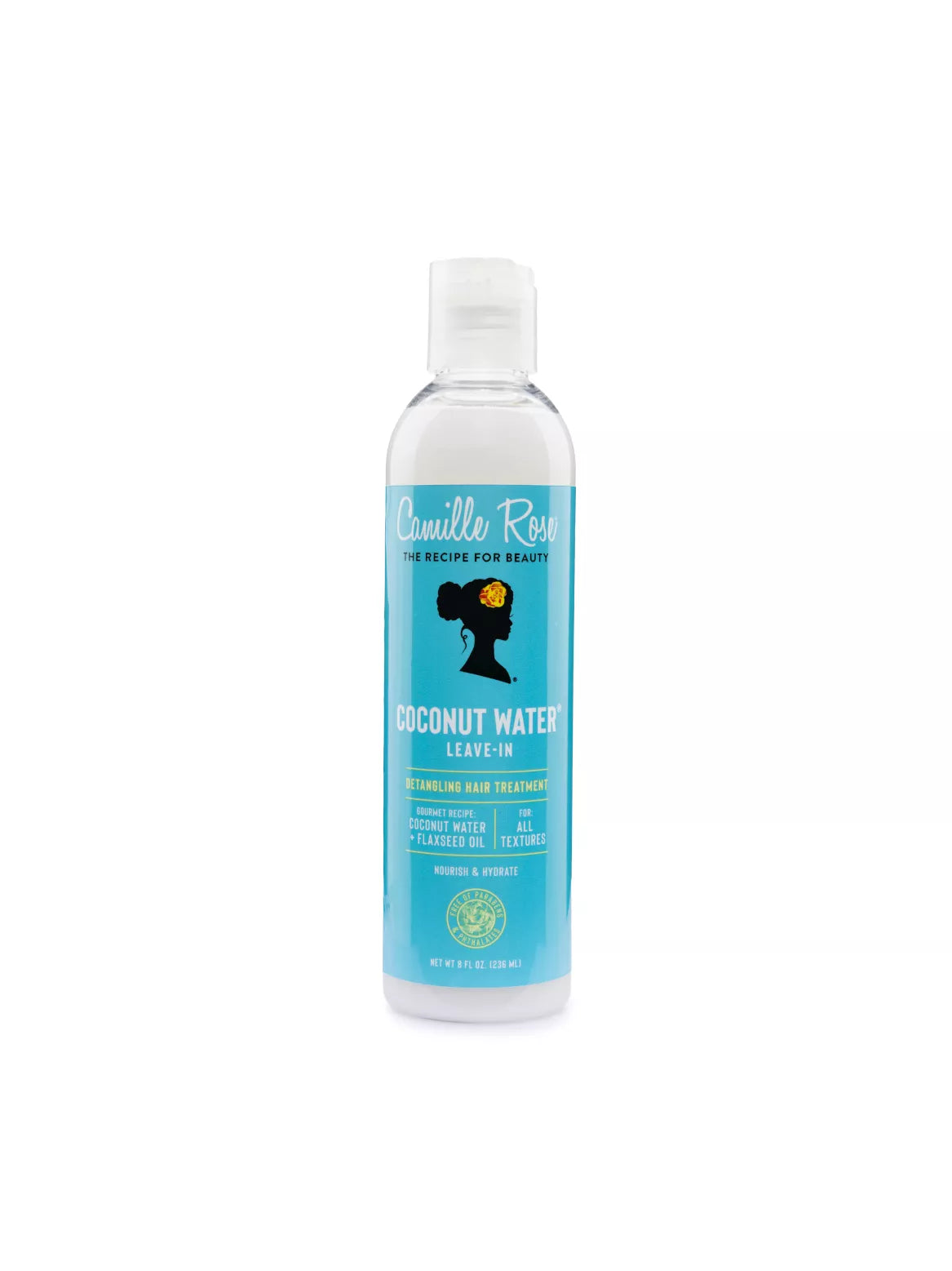 Coconut water leave-in conditioner bottle with blue label on a white background