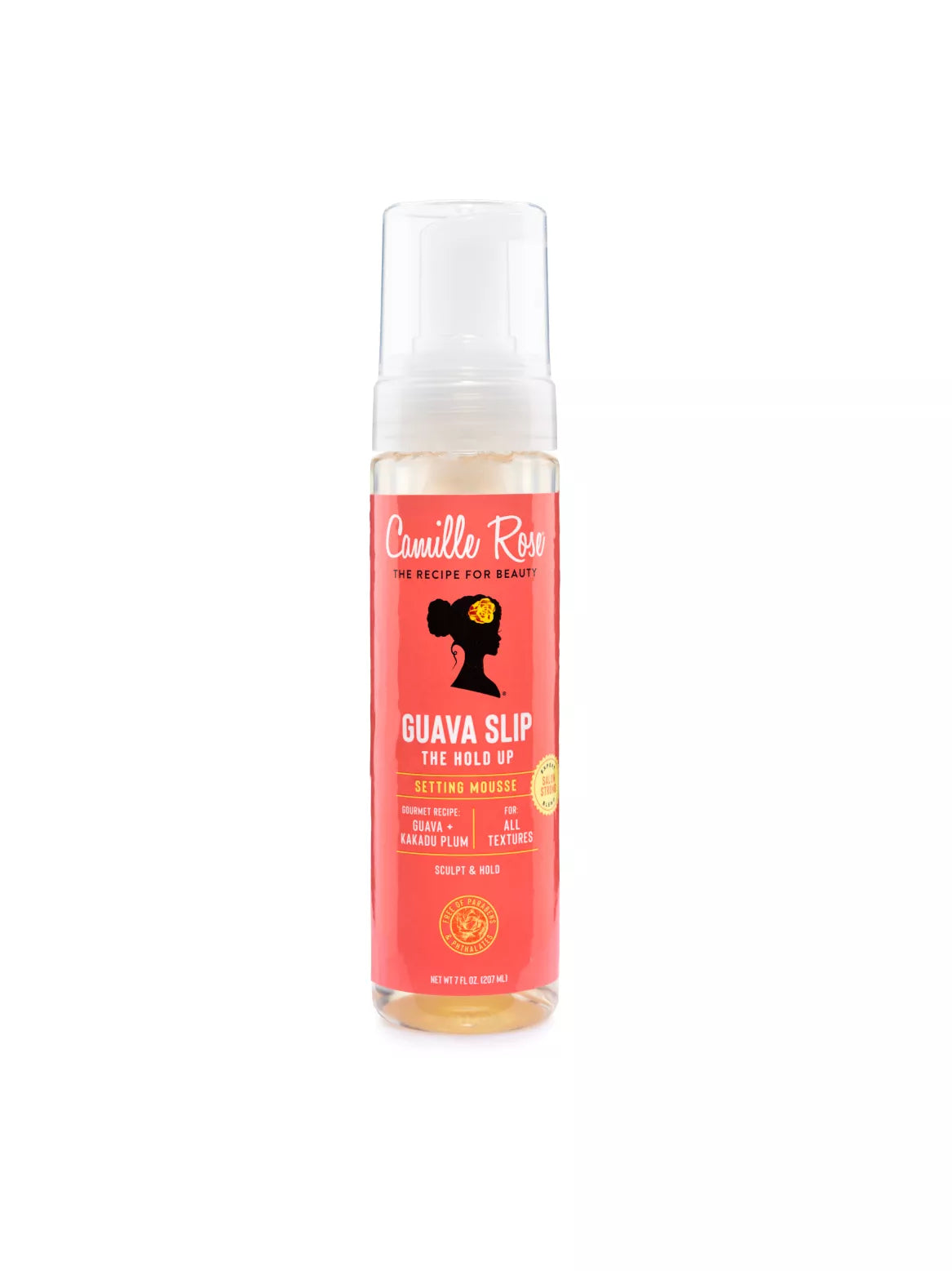 Camille Rose Guava Slip hair product bottle on a white background