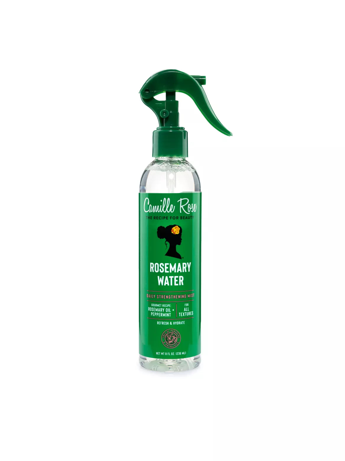 Green spray bottle labeled 'Rosemary Water' on a white background
