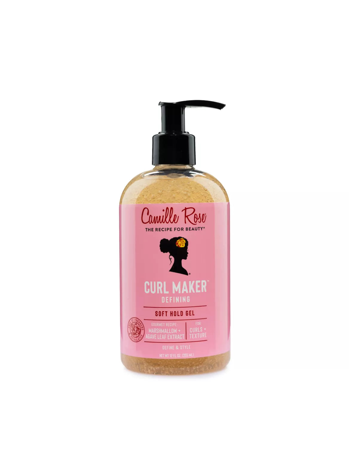 Bottle of Camille Rose Curl Maker Defining Soft Hold Gel on a white background